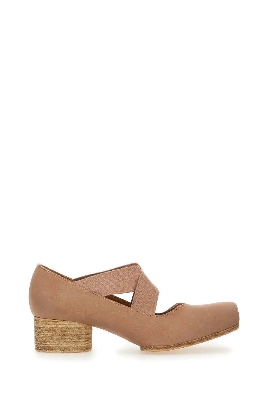 Uma Wang women’s leather ballerina blue featuring a beige suede mary jane with woven strap and wooden block heel