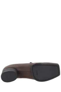 Uma Wang women’s leather ballerina brown loafer with square heel and black rubber sole shown from the back side