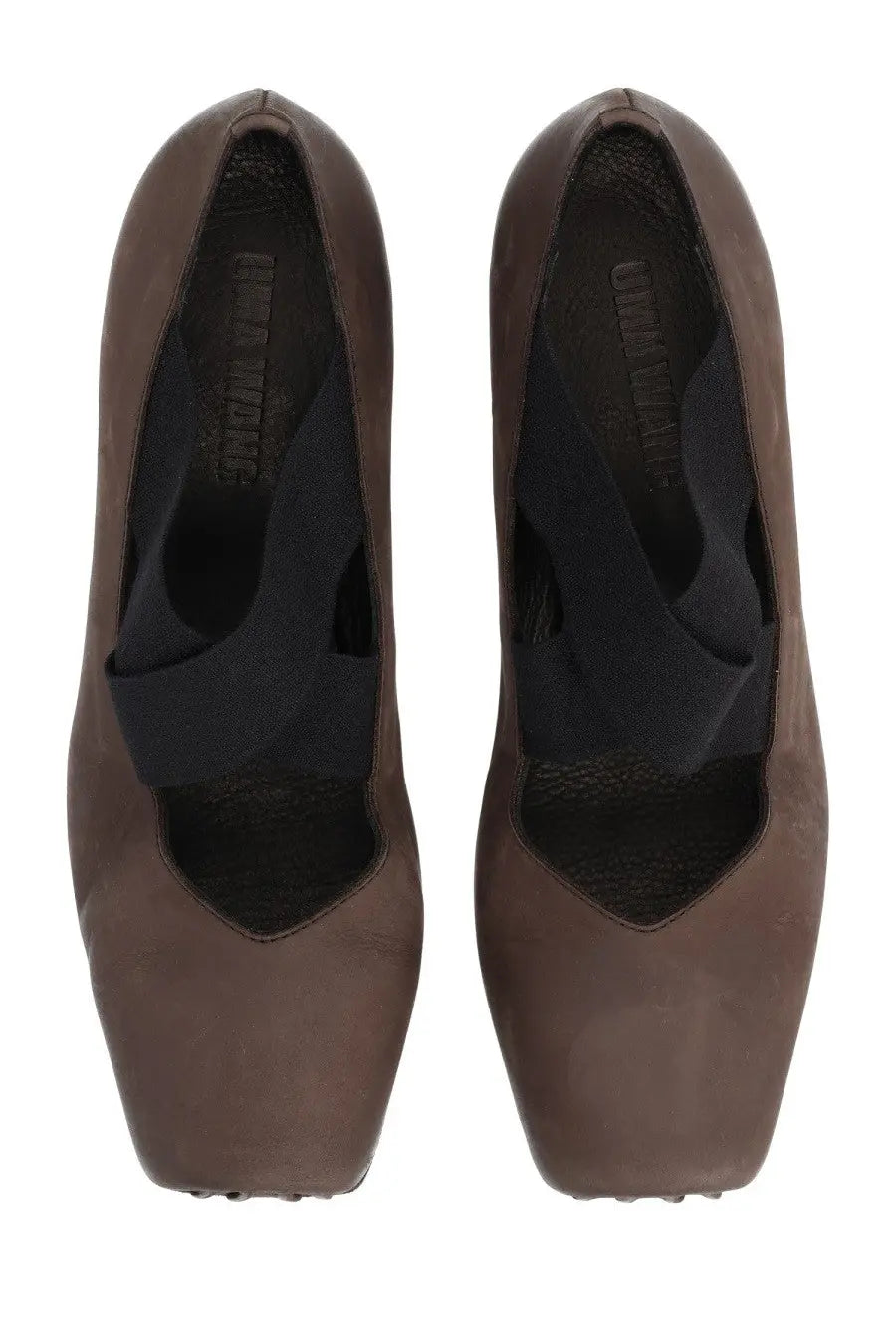 Uma Wang women’s leather ballerina brown suede high-heeled shoes with black elastic straps across the instep