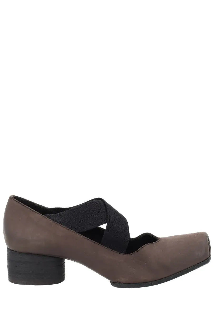 Uma Wang women’s leather ballerina brown suede mary jane shoe with black elastic strap and block heel