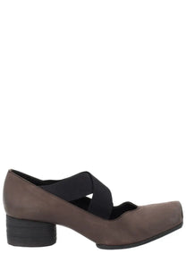 Uma Wang women’s leather ballerina brown suede mary jane shoe with black elastic strap and block heel