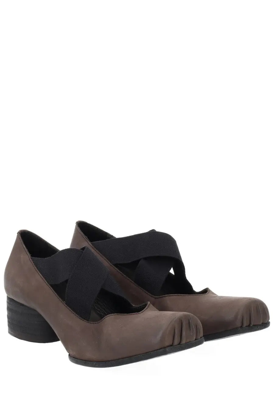 Uma Wang women’s leather ballerina brown mary jane shoes with black elastic straps and low block heel