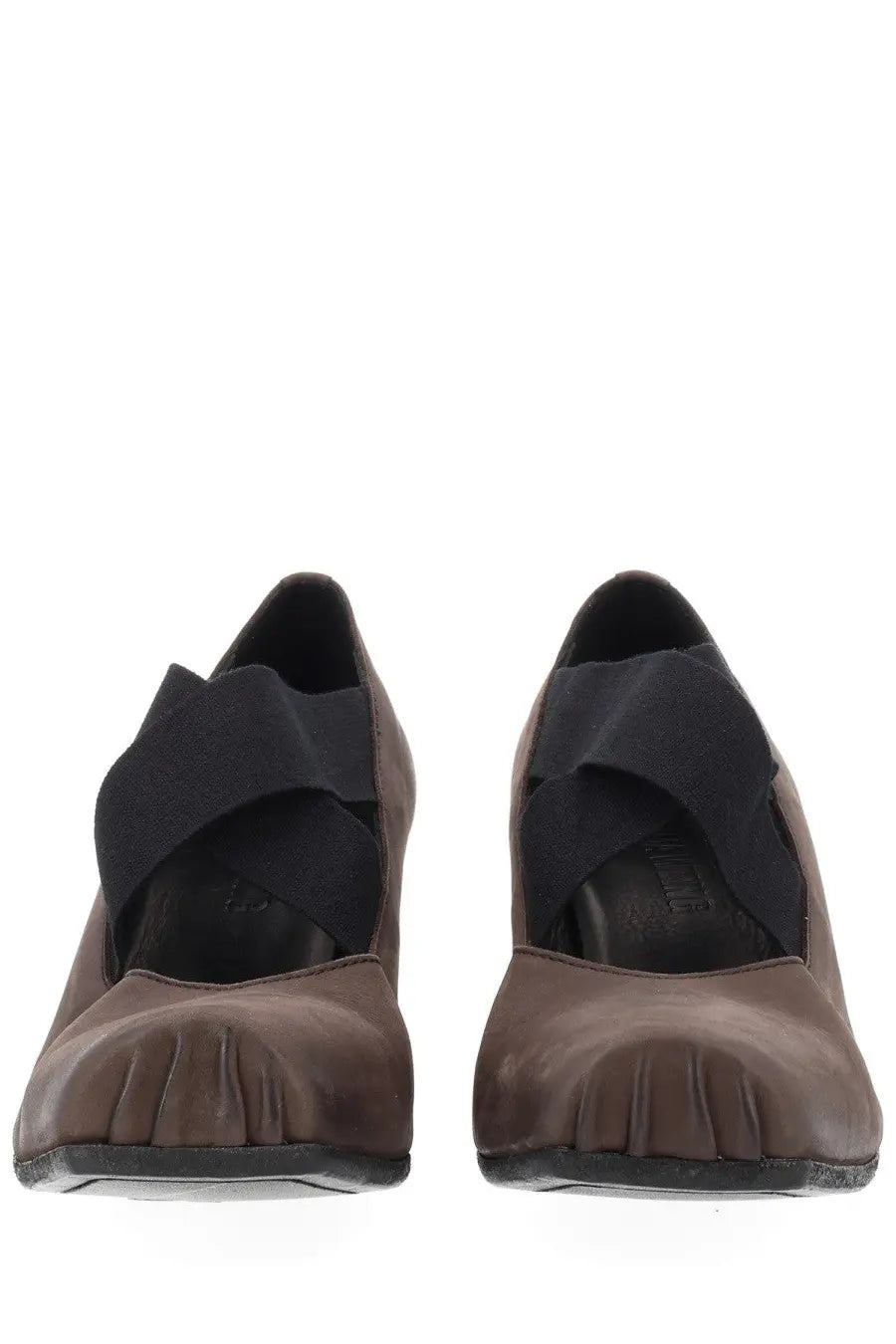 Uma wang women’s leather ballerina brown suede pumps with black elastic straps and pleated toe design