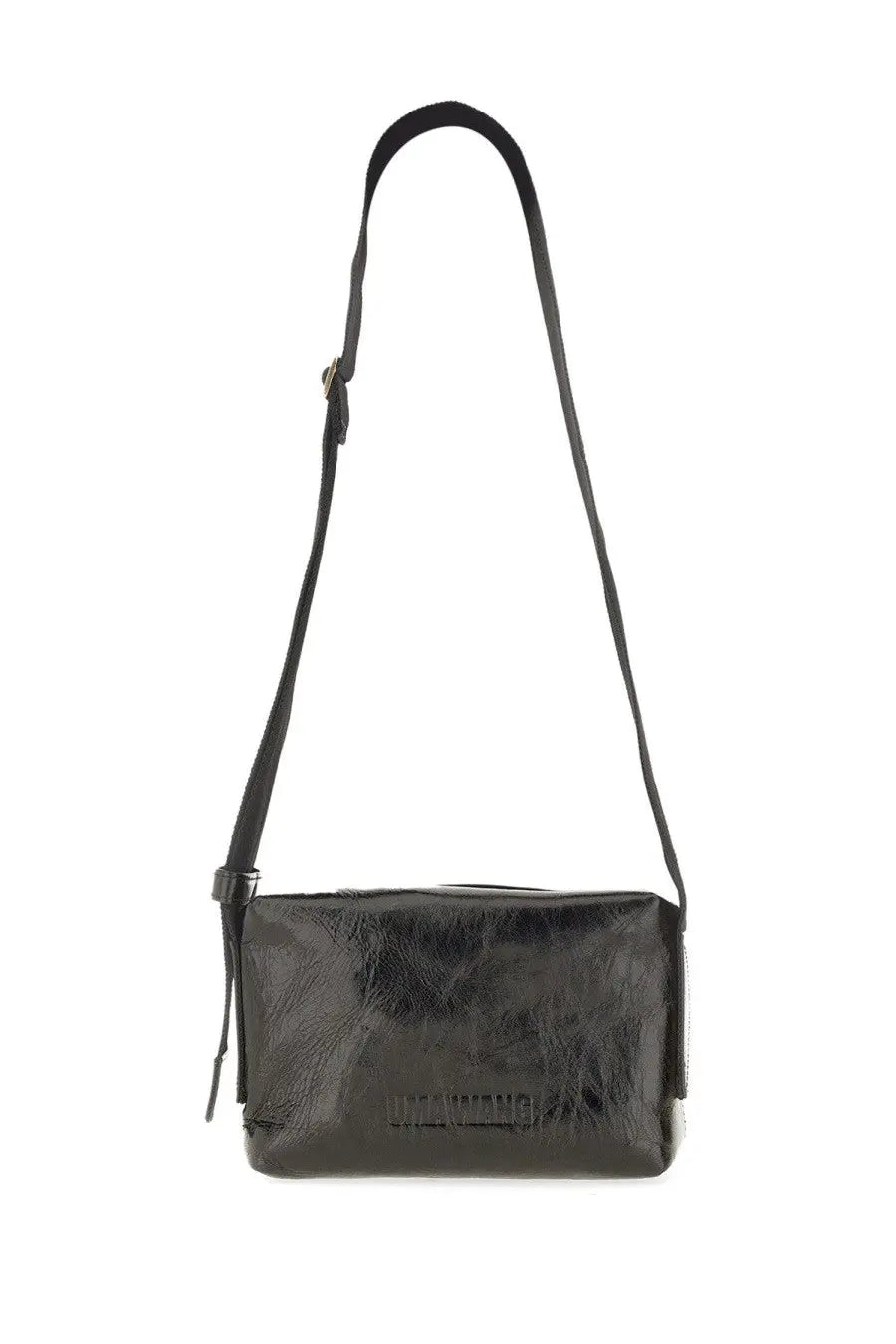 Uma Wang women’s black leather crossbody bag with glossy finish and sleek rectangular design with embossed brand name