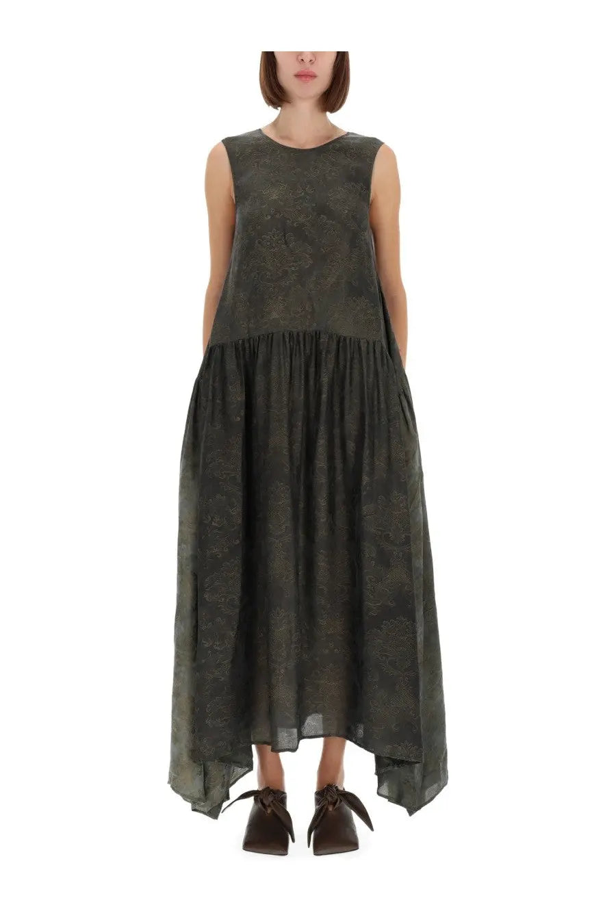 Uma Wang women’s long sleeveless dark olive green dress with subtle textured pattern and asymmetrical hemline