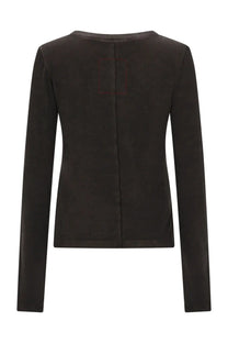 Uma wang women’s dark brown suede long sleeved top with subtle square embroidery on the back side