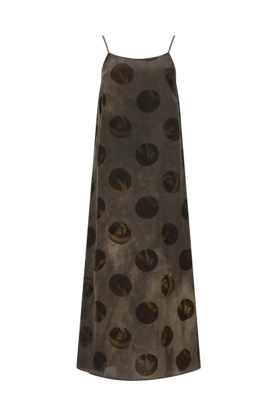 Uma Wang women’s midi dress Anaya brown in sleek dark gray satin with glossy black circular motifs and subtle gold accents