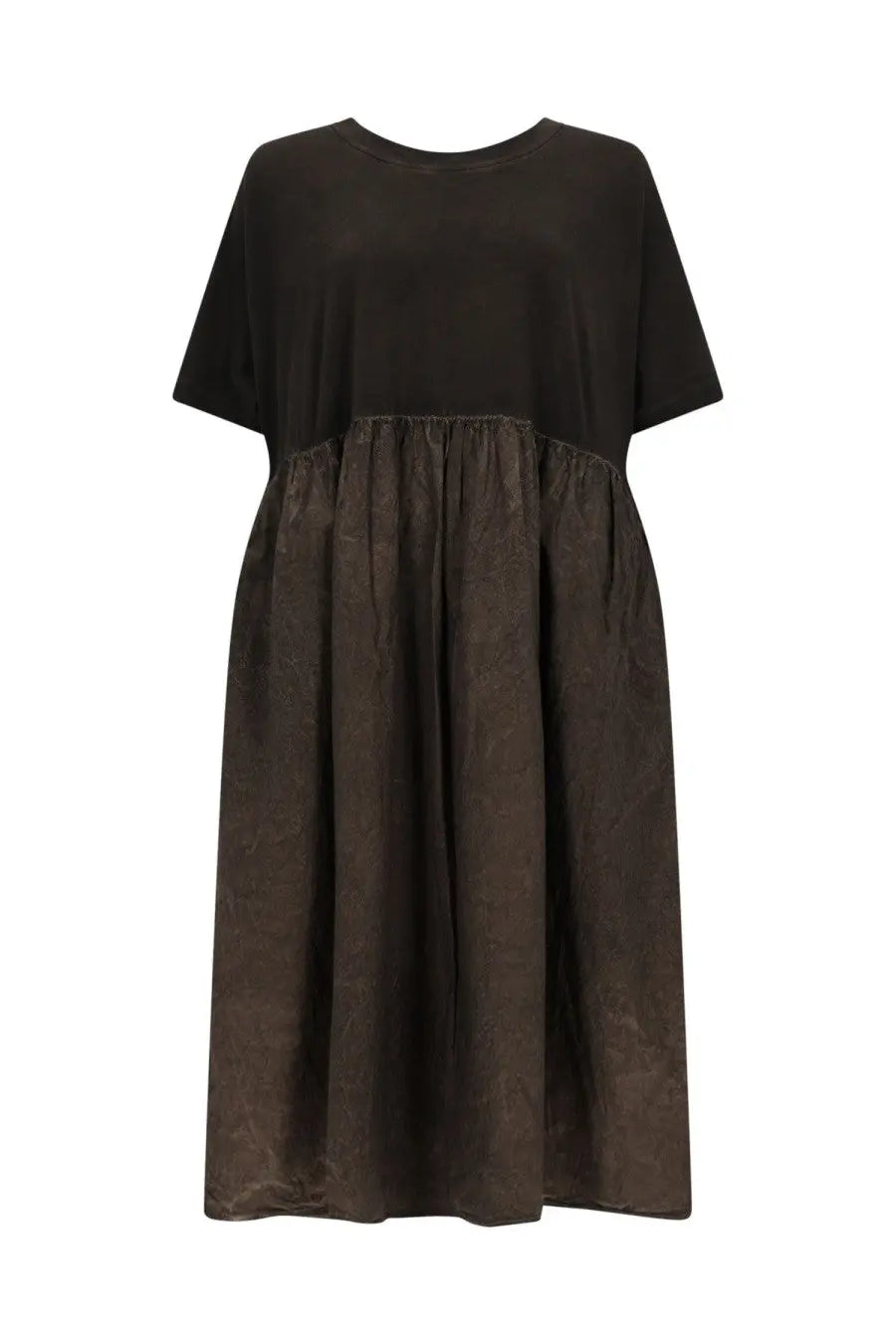 Uma wang women’s black short-sleeved midi dress with gathered waist and textured lower skirt in dana brown