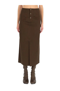 Uma Wang women’s brown pinstripe midi gad skirt with button front closure and side slit in a lightweight fabric