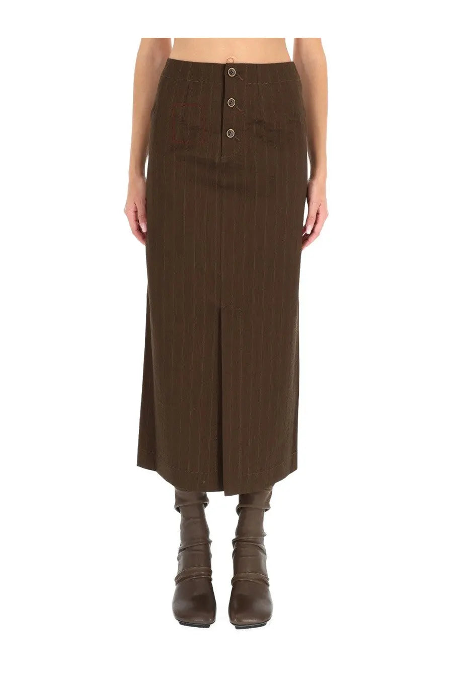 Uma Wang women’s brown pinstripe midi gad skirt with button-front closure and side slit in a lightweight fabric