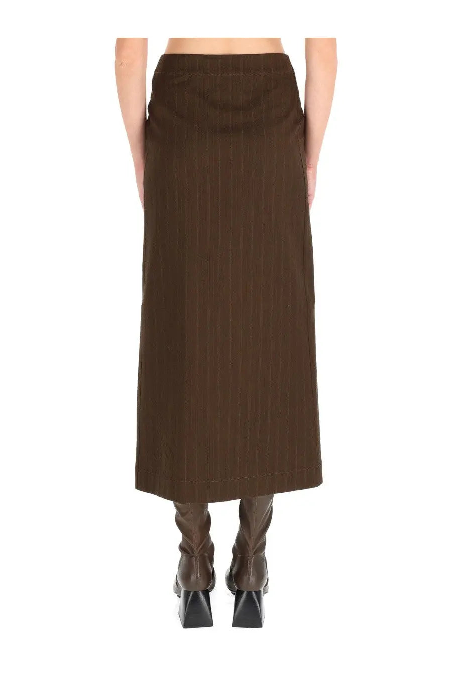 Uma Wang women’s brown pinstripe midi skirt with tailored waistband and straight hem in a lightweight fabric