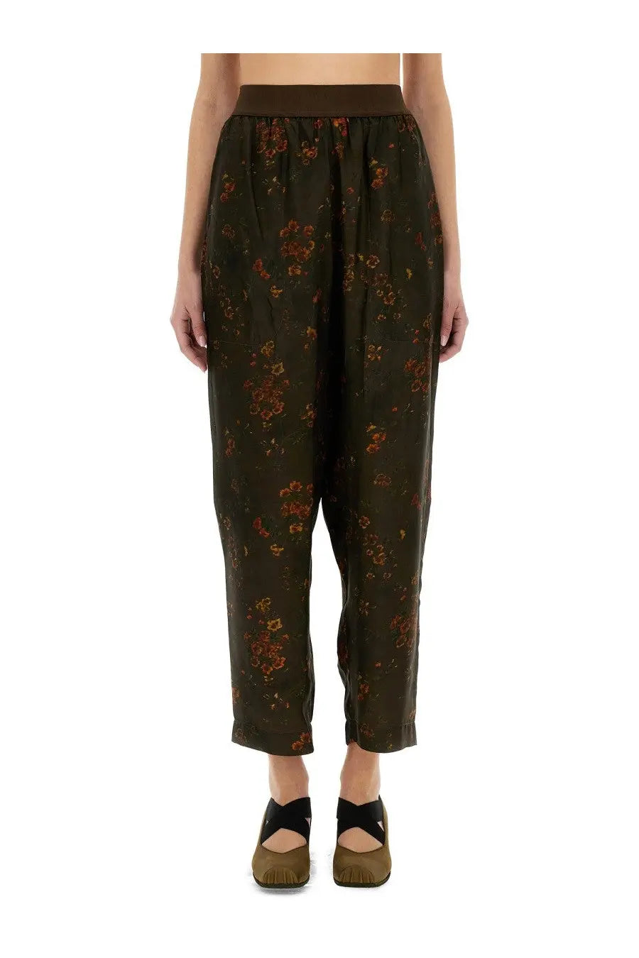 Uma wang women’s pants in palmer green dark green floral pattern wide-leg with brown elastic waistband