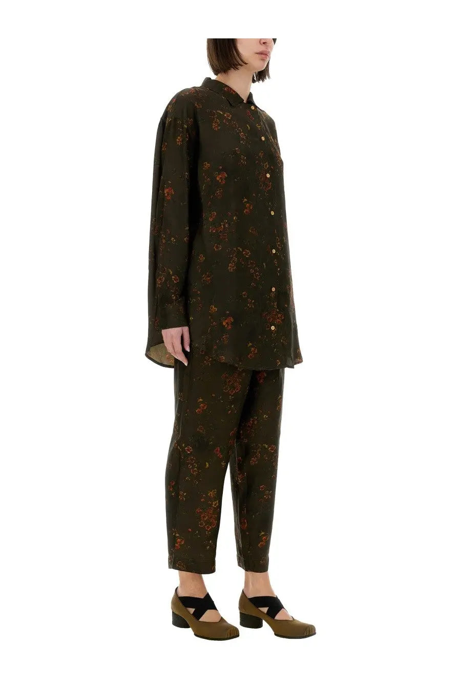 Uma wang women’s olive green floral print button-down shirt with matching cropped pants and brown heeled shoes