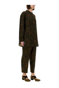 Uma wang women’s olive green floral print button-down shirt with matching cropped pants and brown heeled shoes