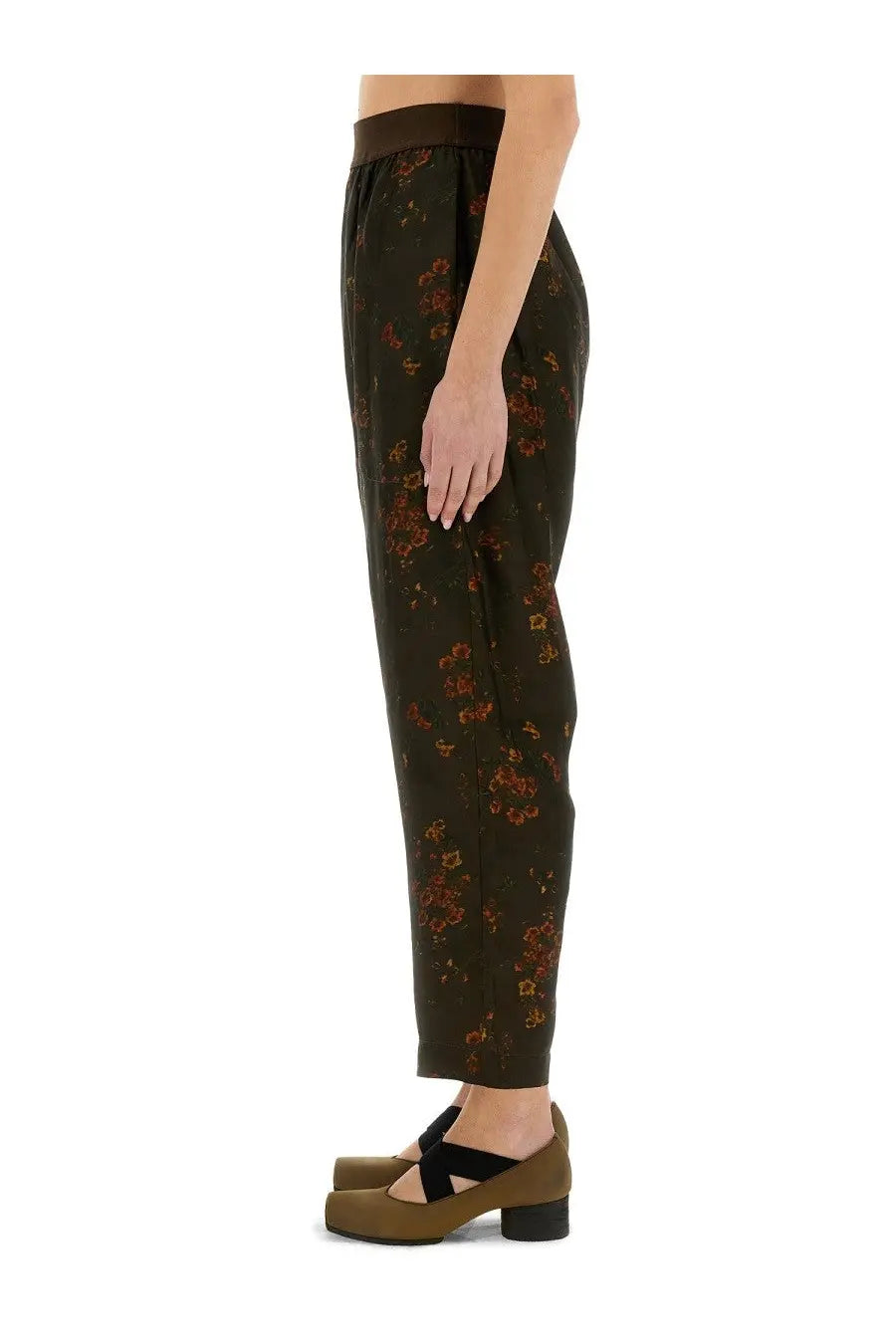 Uma wang women’s olive green floral print trousers with dark brown elastic waistband for stylish comfort