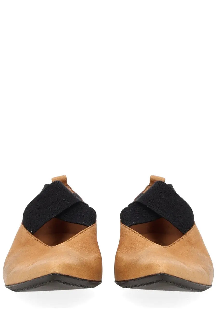 Uma wang women’s pointed ballerina beige tan leather loafers with black elastic straps across the instep