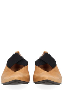 Uma Wang women’s pointed ballerina beige leather loafers with tan color and black elastic straps across the instep