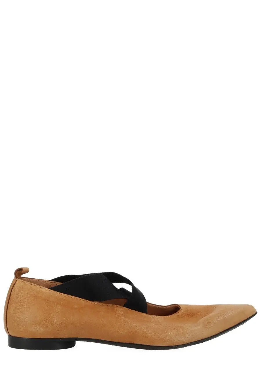 Uma Wang women’s pointed ballerina beige tan suede flat shoe with black elastic strap across the instep