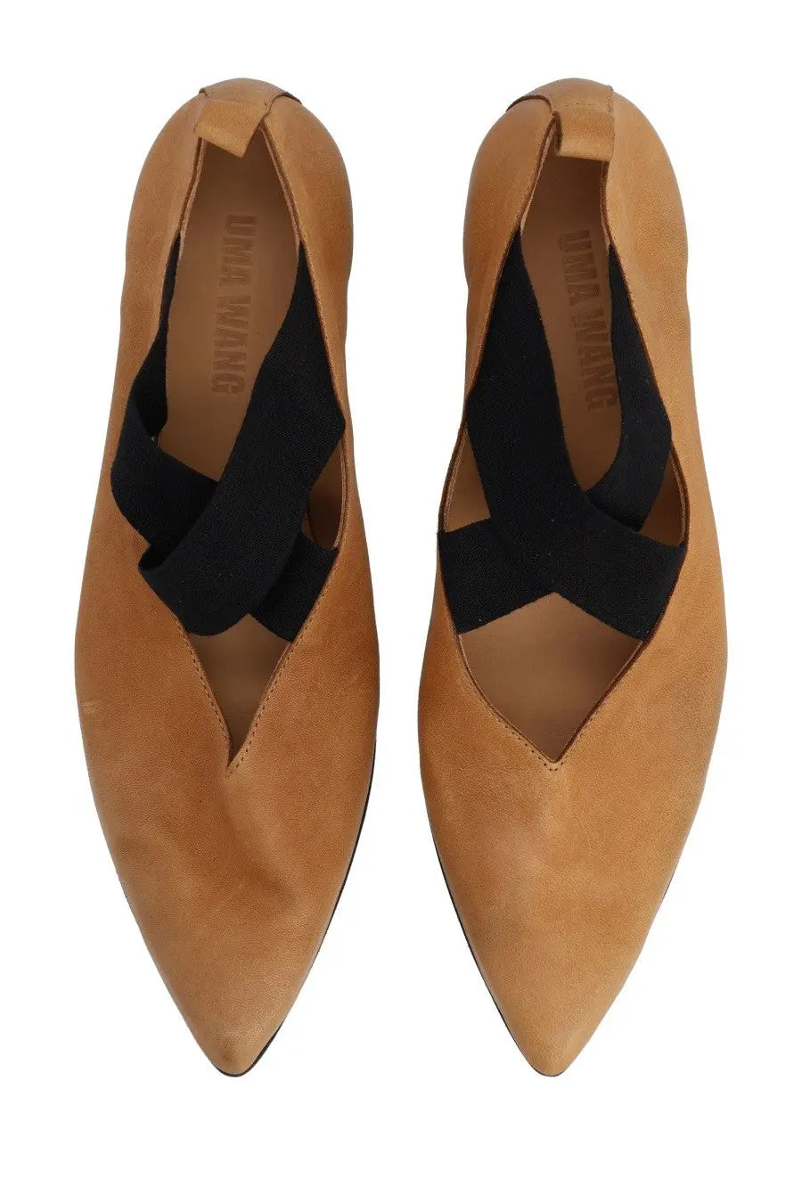 Uma Wang women’s beige tan suede pointed ballet flats with black elastic straps crossing over the instep