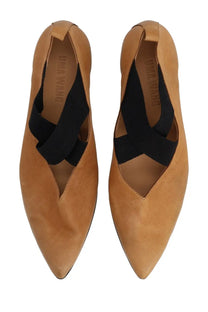 Uma Wang women’s beige tan suede pointed ballet flats with black elastic straps crossing over the instep