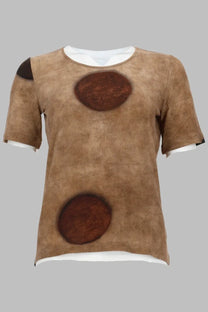 Uma Wang women’s suede short-sleeved top beige with dark brown circular patches and white inner lining