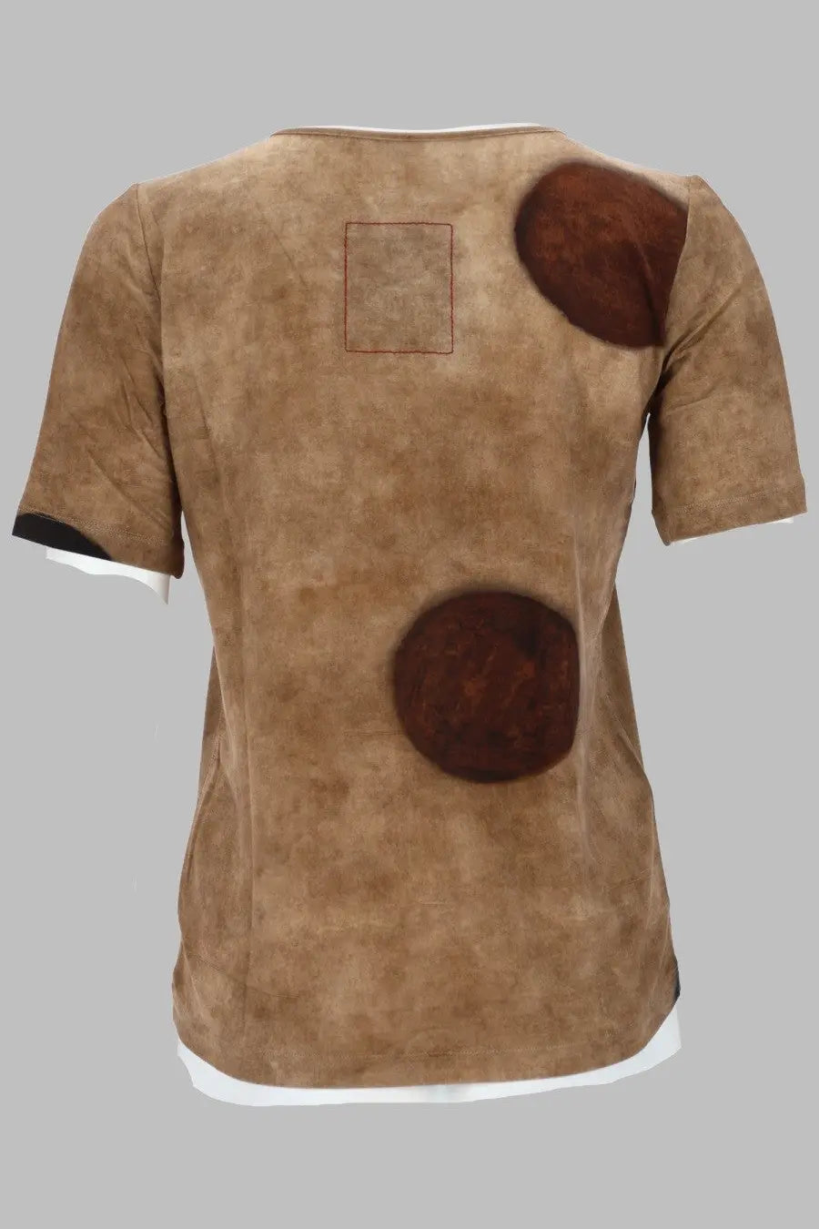 Back view of uma wang women’s tan suede short-sleeved top with two dark brown circular patches in beige