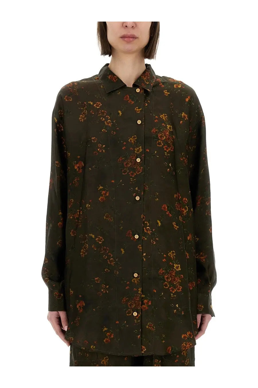 Olive green floral print button-down shirt with gold toned buttons from Uma Wang womens Tyesha collection