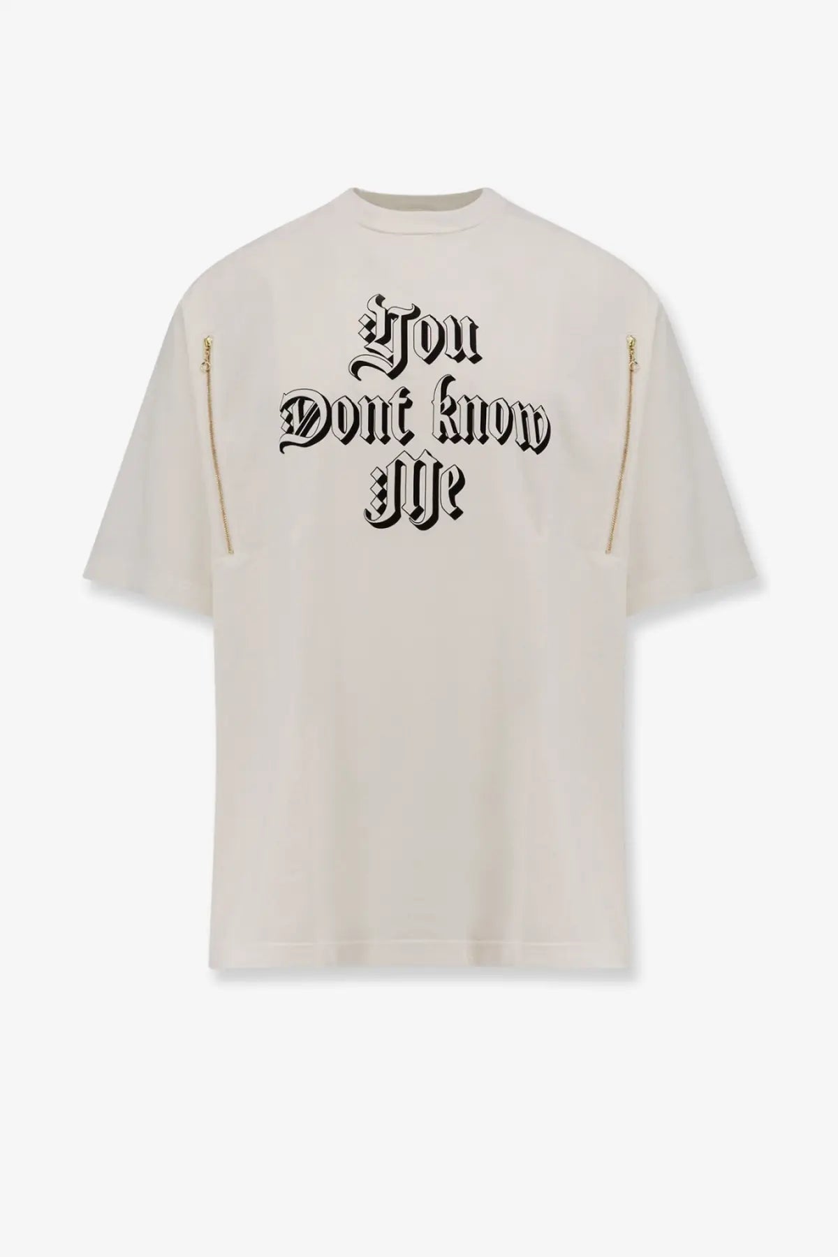 Undercover men’s cotton cream oversized t shirt with black gothic lettering and gold zippers on sleeves