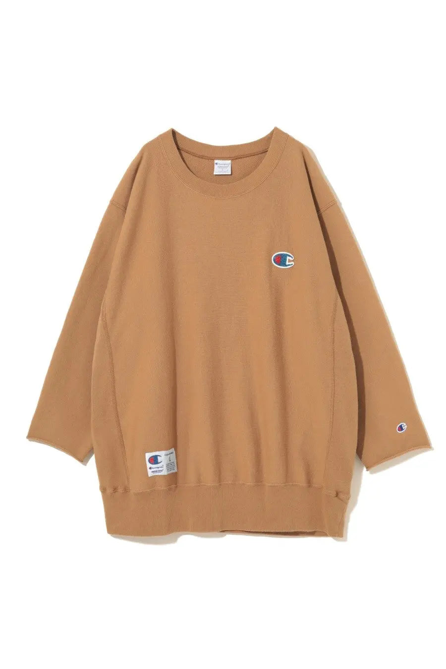 Tan unisex champion sweatshirt with embroidered logo on chest and sleeve featuring classic crew neck design