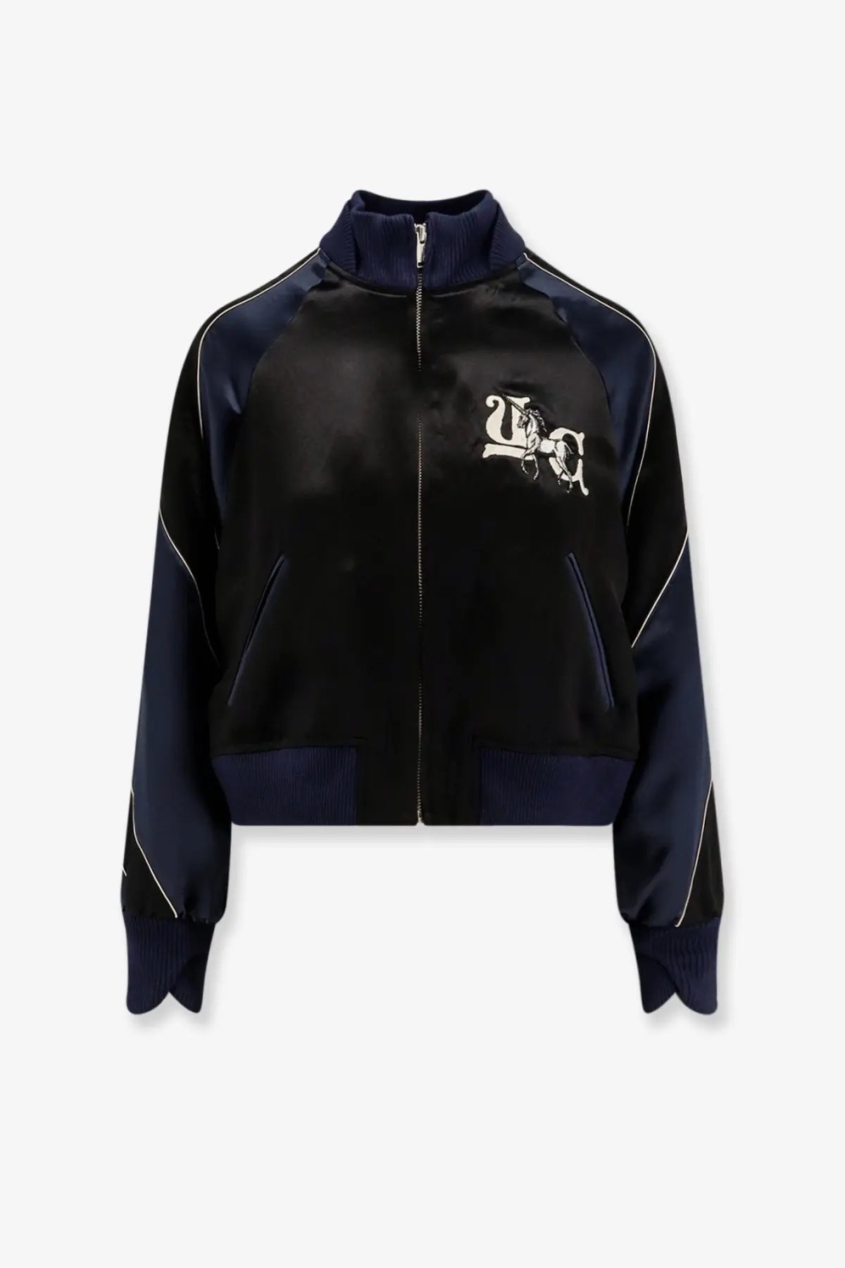Undercover women’s satin bomber jacket in black and navy with white embroidered logo on the chest