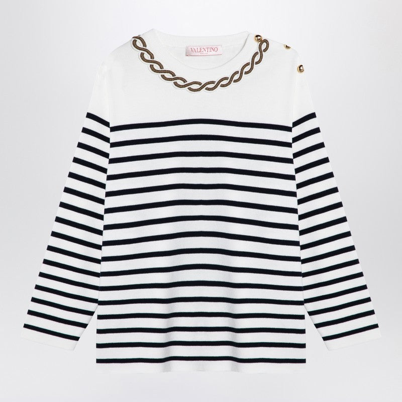 Valentino - Valentino Ivory/navy striped jersey with embroidery - Women’s Knitwear