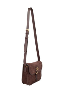 Valentino men’s Antibes brown suede handbag with gold-tone hardware and signature logo clasp