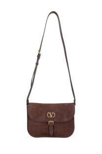 Valentino men’s Antibes brown suede shoulder bag with gold-tone logo clasp and matching strap