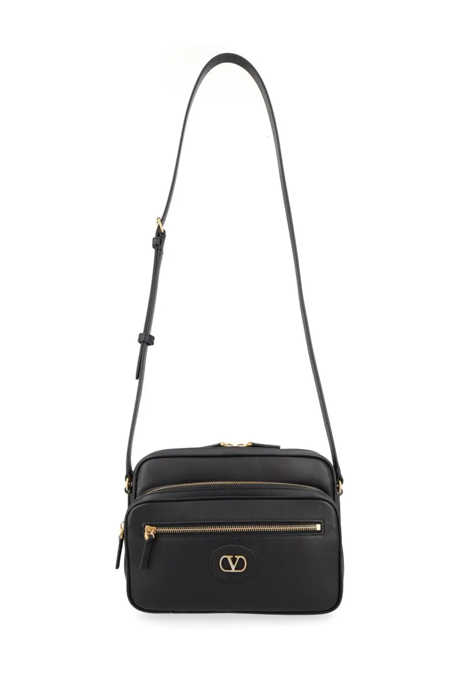 Valentino men’s borsa antibes con black black leather crossbody bag with gold-tone hardware and circular logo plaque