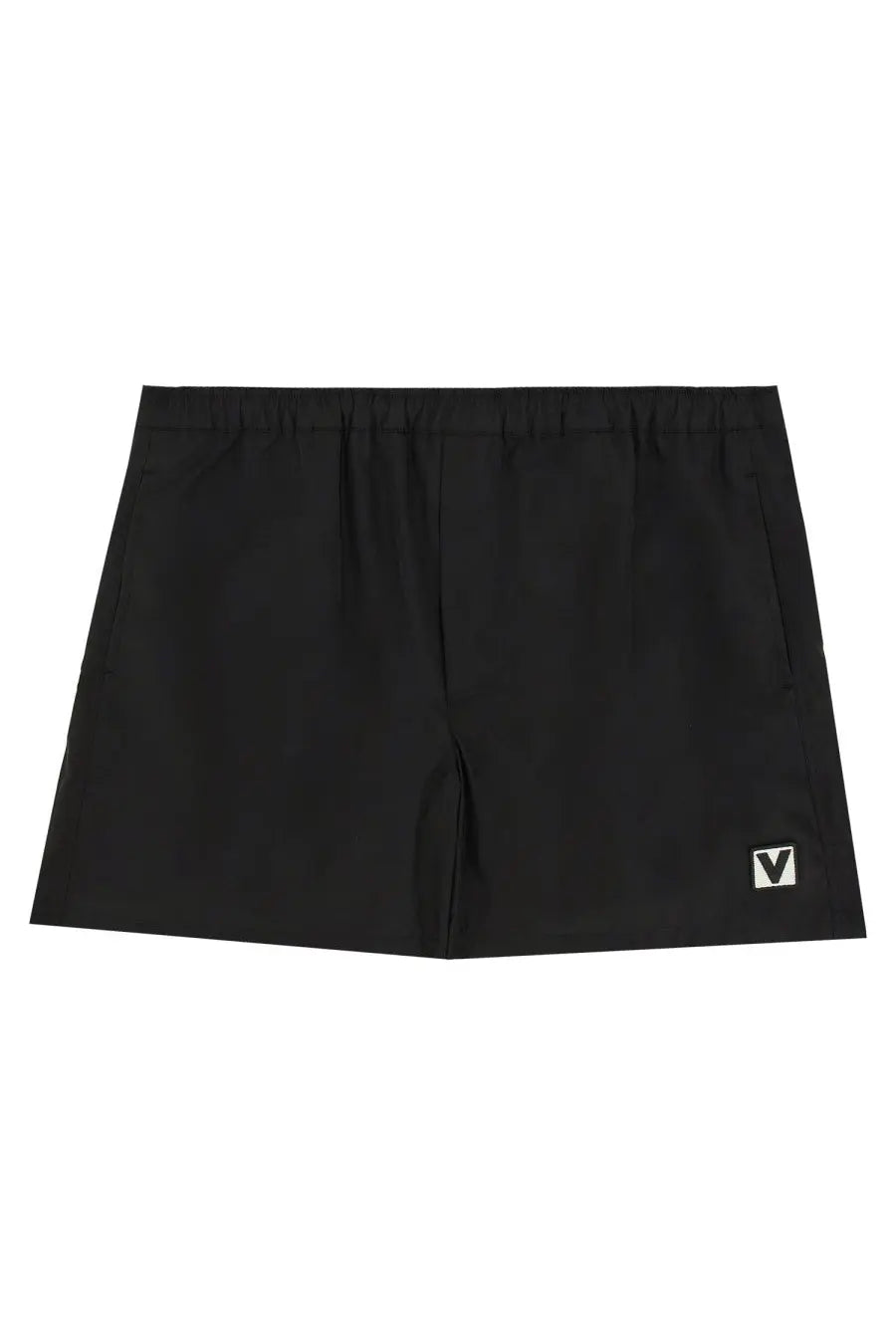 Valentino men’s boxer swimsuit black with elastic waistband side pockets and white logo patch on lower right leg