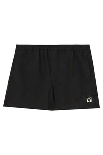Valentino men’s boxer swimsuit black with elastic waistband side pockets and white logo patch on lower right leg