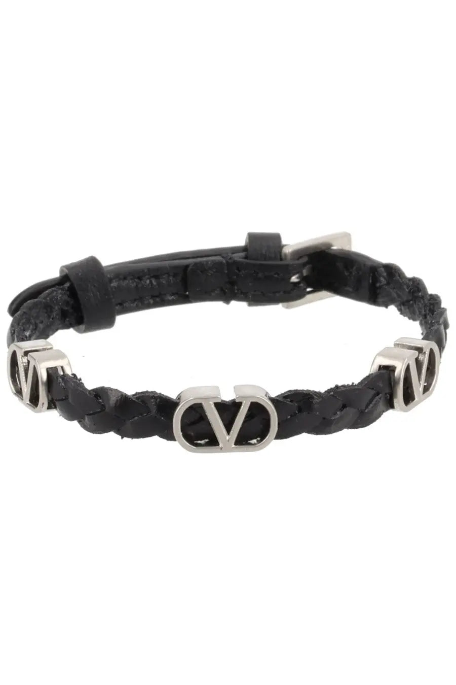Valentino men’s bracciale vlogo signature black braided leather bracelet with silver-tone vlogo hardware