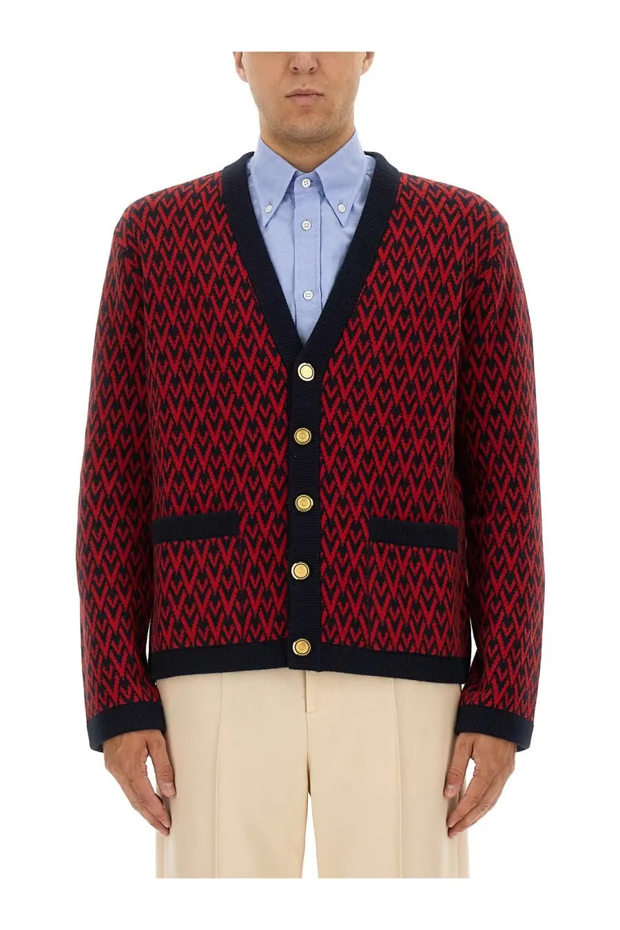 Valentino men’s red and black herringbone cardigan with navy trim and gold buttons, perfect for stylish layering