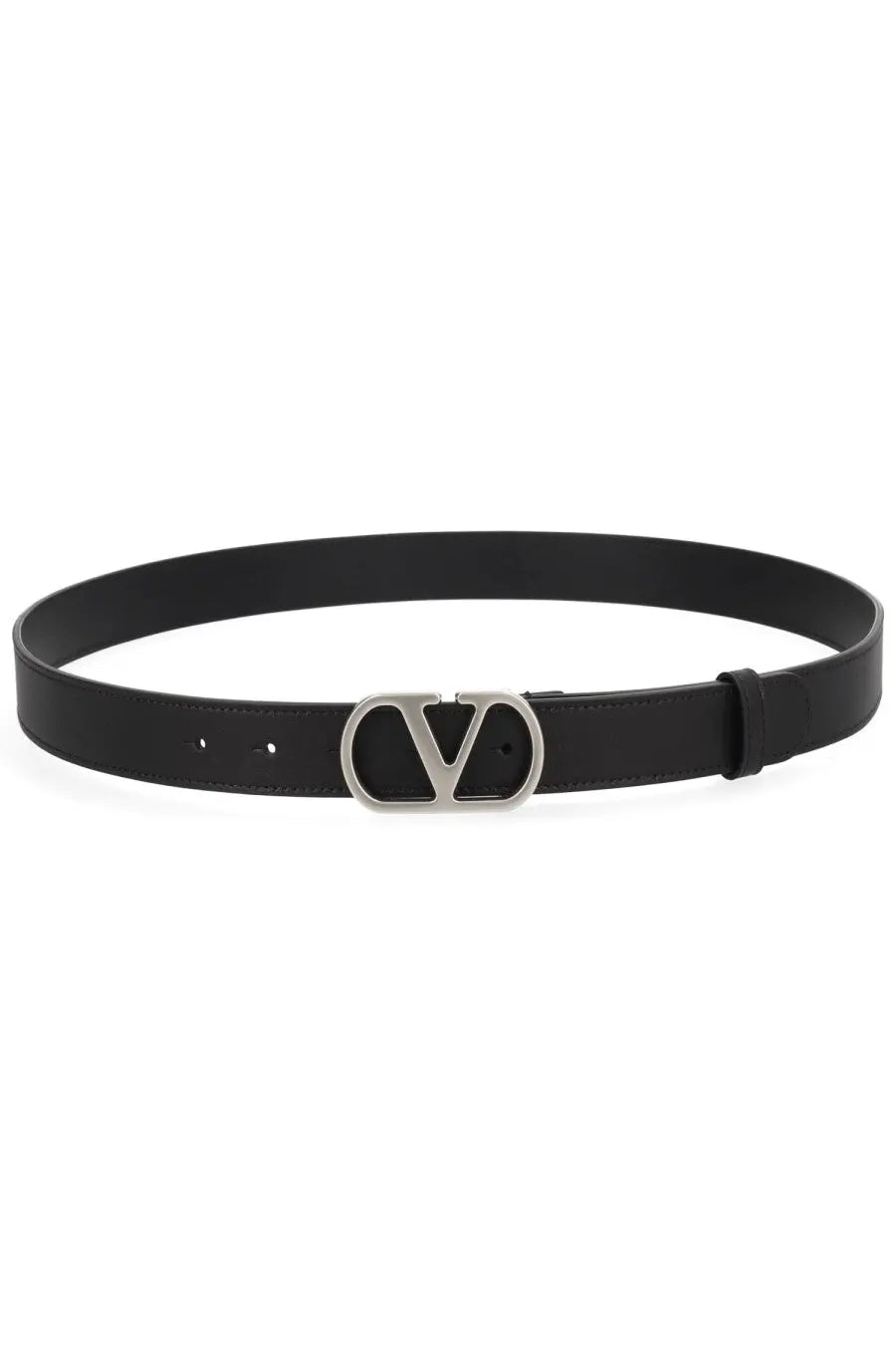 Valentino men’s black leather belt with a silver-toned vlogo signature buckle for stylish wear