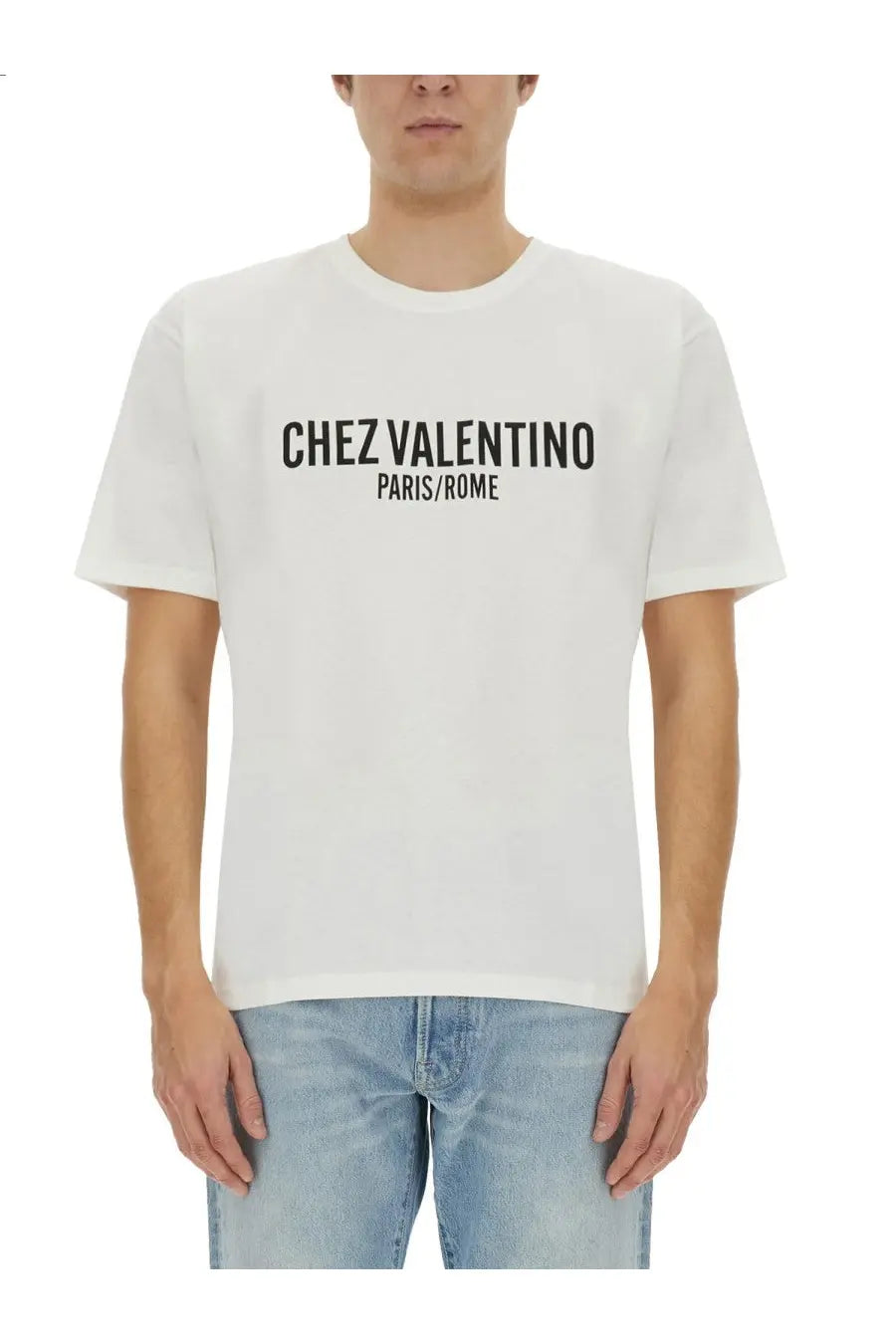 Valentino men’s white cotton t shirt with bold black chez valentino paris rome lettering across the chest