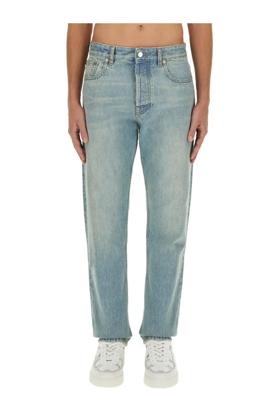 Valentino men’s light-wash denim jeans with straight-leg cut and classic five-pocket design in blue