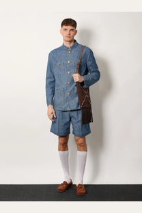 Blue denim jacket with gold-tone buttons and mandarin collar from valentino mens valentino denim shorts blue collection