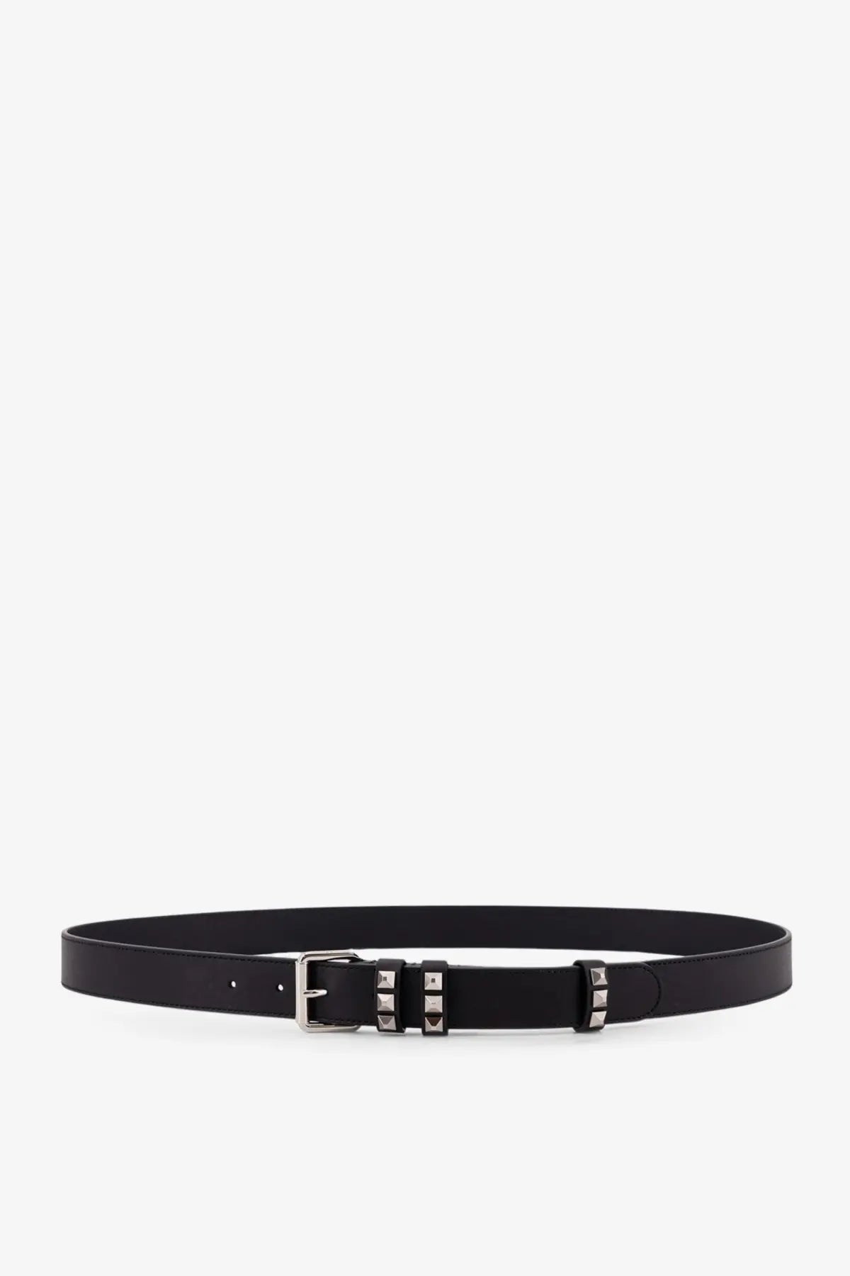 Valentino men’s flaneuse black leather belt with silver buckle and decorative pyramid studs for stylish wear