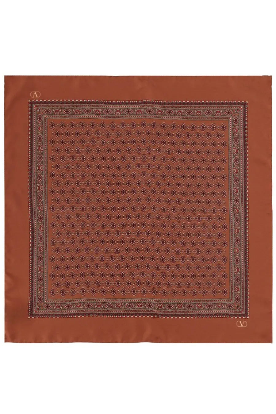 Valentino men’s foulard in seta red rust-colored silk scarf with geometric pattern and intricate border detailing