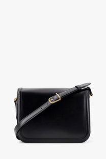 Valentino men’s black leather crossbody bag with gold-tone buckle and adjustable shoulder strap for everyday use