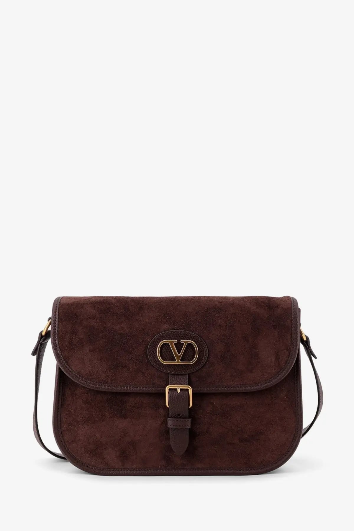 Brown suede Valentino men’s shoulder bag with gold-tone logo clasp and matching leather strap Valentino Garavani gold