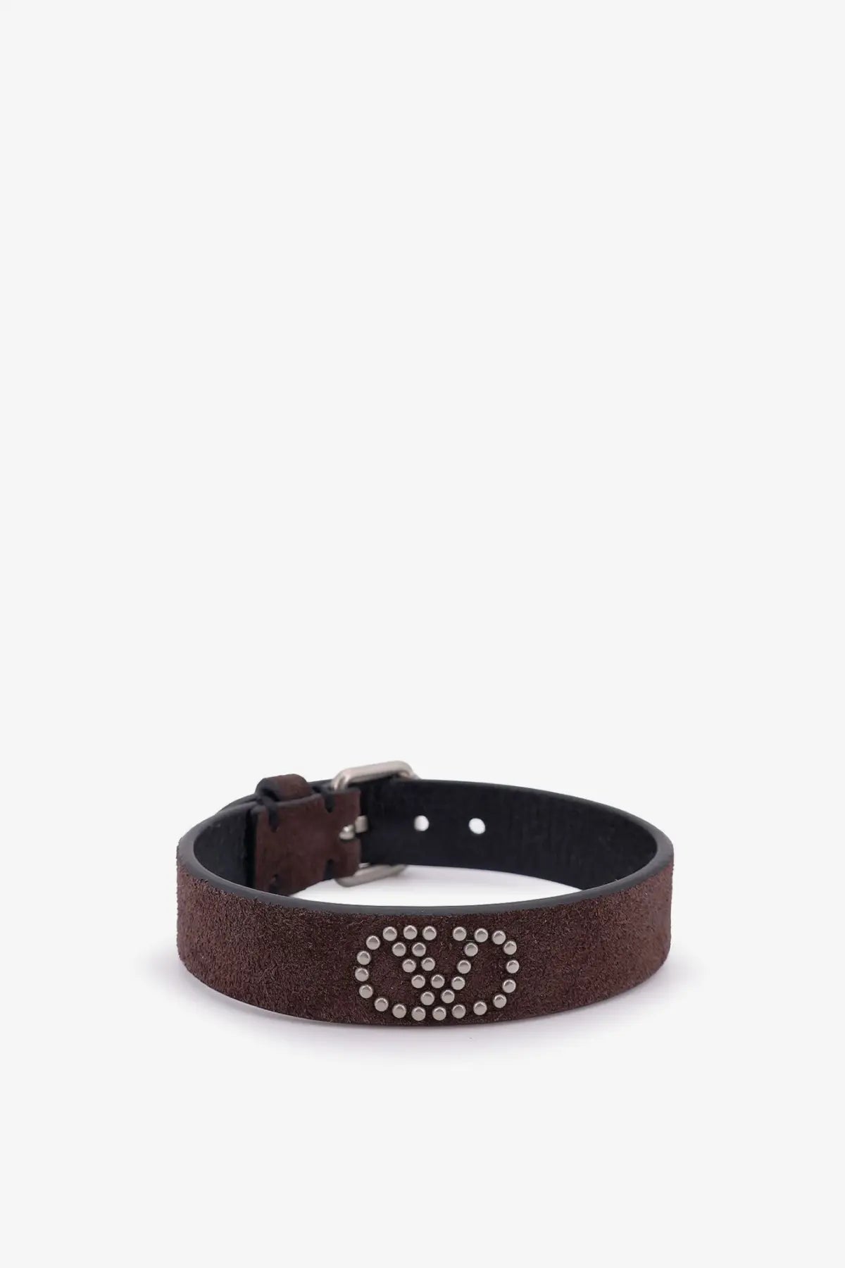 Brown suede Valentino men’s leather bracelet with silver-toned studded logo for stylish accessory use