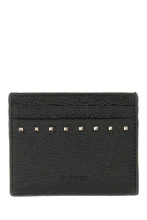 Valentino men’s garnet black calfskin card holder with textured leather and silver toned studs across the top