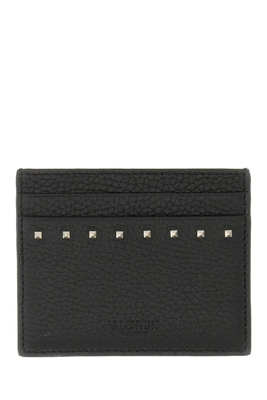 Valentino men’s garnet calfskin black card holder with textured leather and silver-toned studs across the top