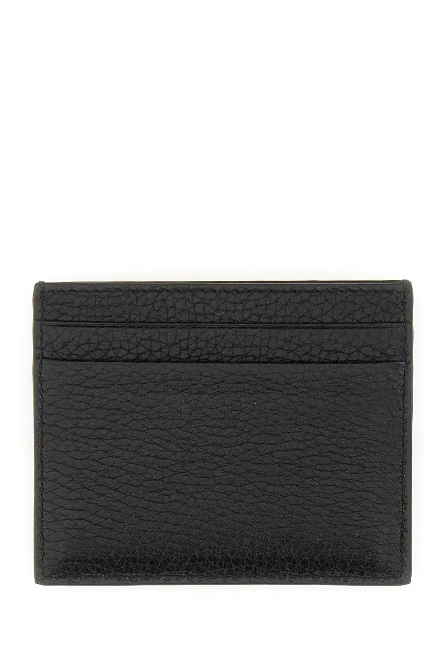 Black textured leather Valentino men’s garnet calfskin rockstud card holder with subtle stitching along edges